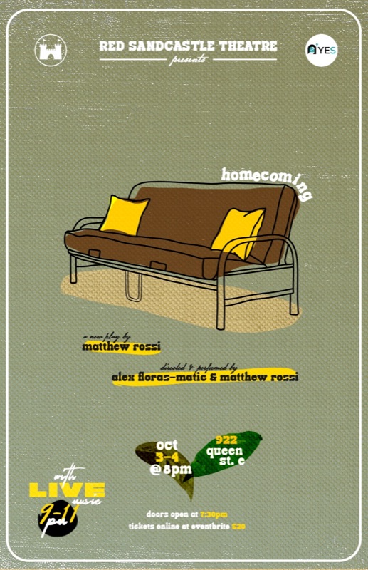 Green theatre poster with an illustrated futon